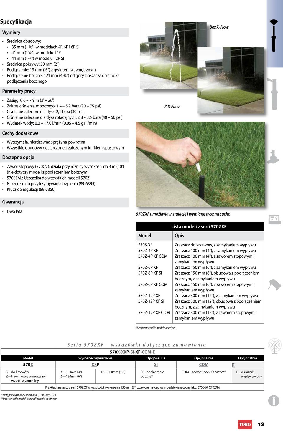 psi) Ciśnienie zalecane dla dysz: 2,1 bara (30 psi) Ciśnienie zalecane dla dysz rotacyjnych: 2,8 3,5 bara (40 50 psi) Wydatek wody: 0,2 17,0 l/min (0,05 4,5 gal.