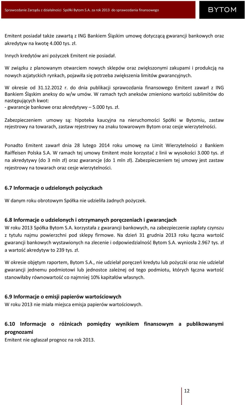 2012 r. do dnia publikacji sprawozdania finansowego Emitent zawarł z ING Bankiem Śląskim aneksy do w/w umów.