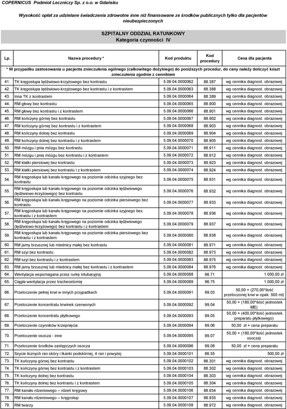 0000062 88.387 wg cennika diagnost. obrazowej 42. TK kręgosłupa lędźwiowo-krzyżowego bez kontrastu i z kontrastem 5.09.04.0000063 88.388 wg cennika diagnost. obrazowej 43. Inna TK z kontrastem 5.09.04.0000064 88.