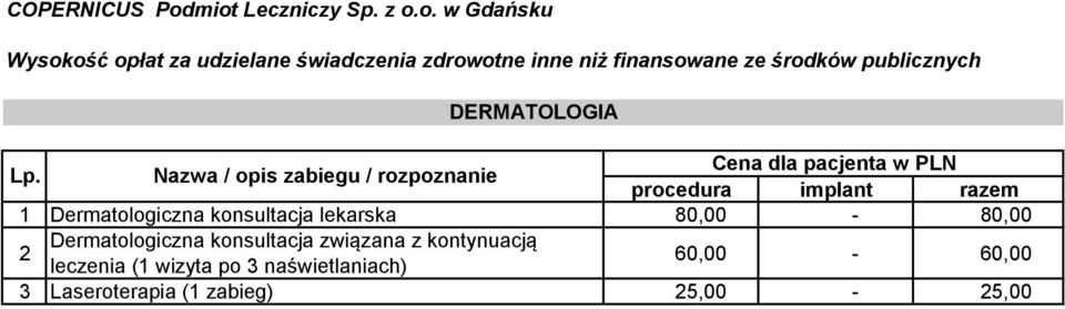 80,00-80,00 2 Dermatologiczna konsultacja związana z kontynuacją