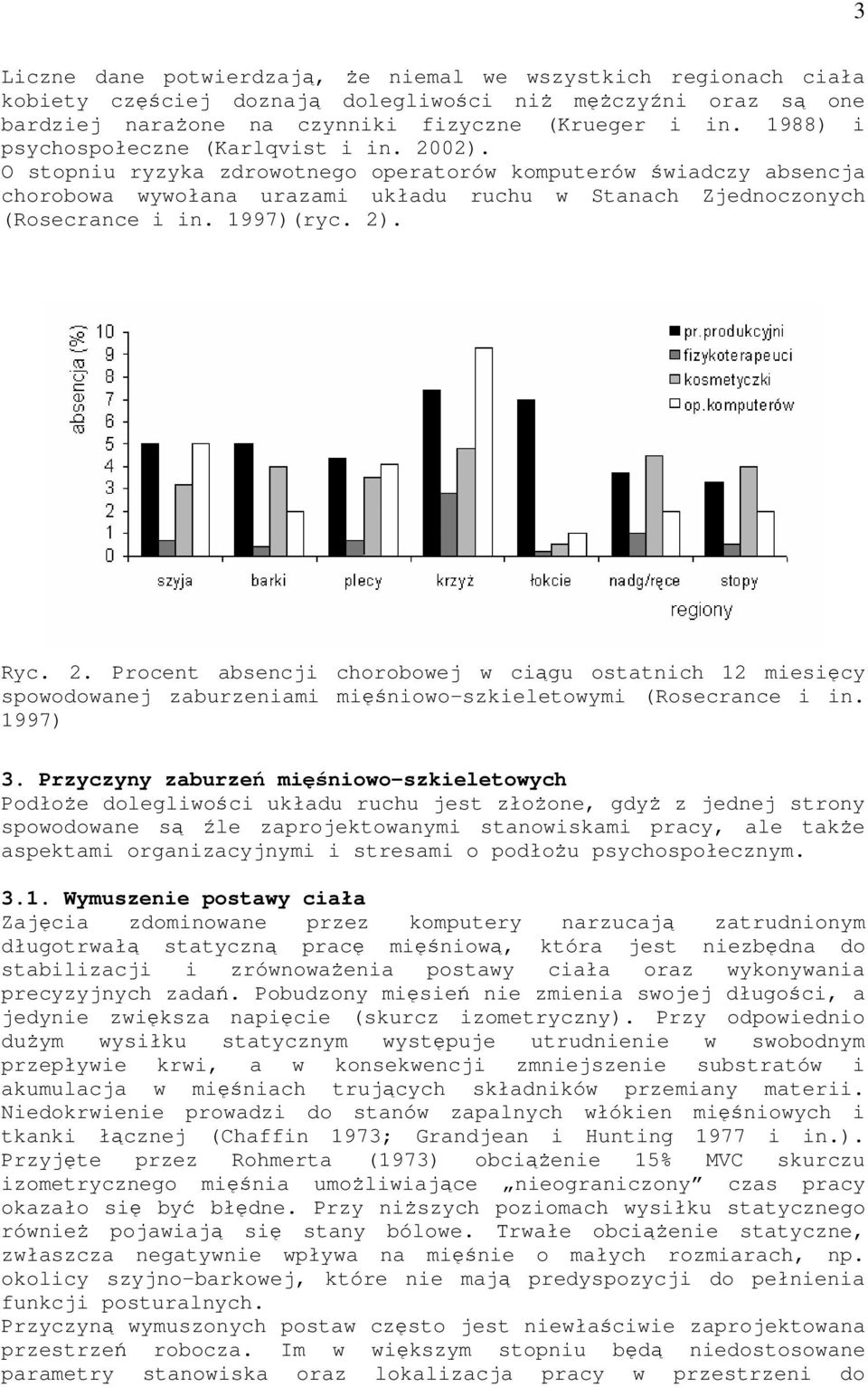1997)(ryc. 2). Ryc. 2. Procent absencji chorobowej w cigu ostatnich 12 miesicy spowodowanej zaburzeniami miniowo-szkieletowymi (Rosecrance i in. 1997) 3.