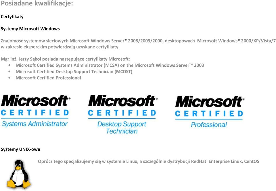 Jerzy Sąkol posiada następujące certyfikaty Microsoft: Microsoft Certified Systems Administrator (MCSA) on the Microsoft Windows Server 2003