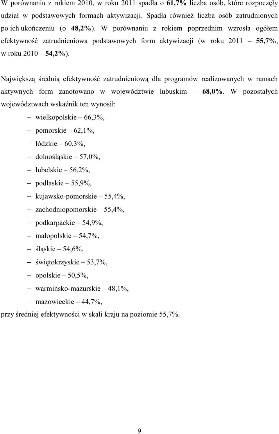 Największą średnią efektywność zatrudnieniową dla programów realizowanych w ramach aktywnych form zanotowano lubuskim 68,0%.