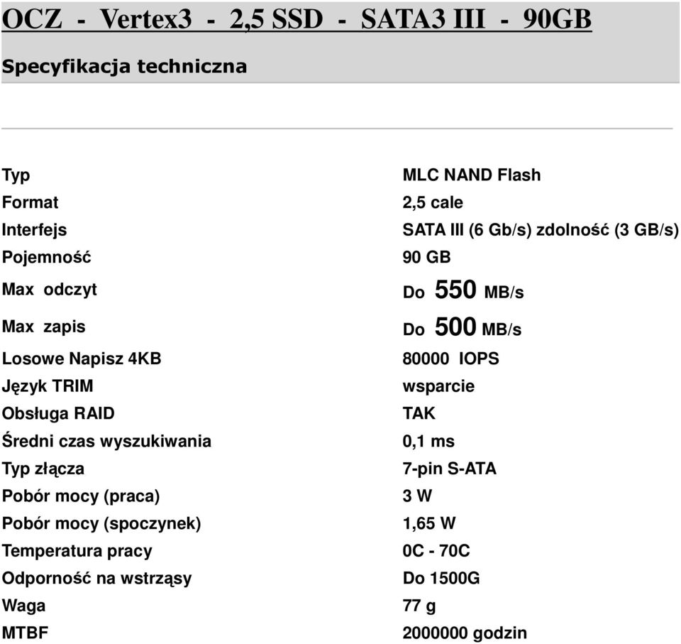 Temperatura pracy Odporność na wstrząsy Waga MTBF MLC NAND Flash 2,5 cale SATA III (6 Gb/s) zdolność (3 GB/s)