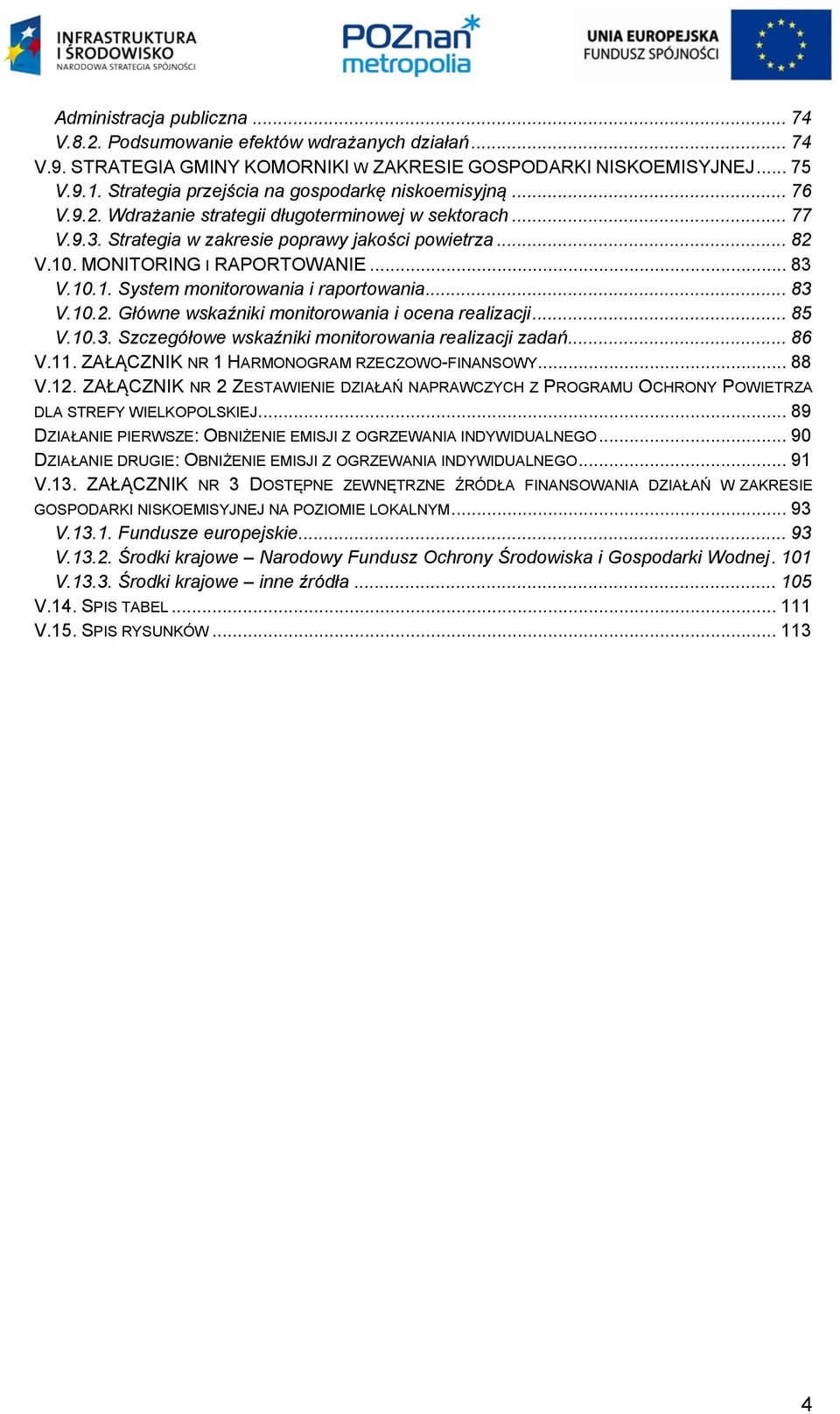 MONITORING I RAPORTOWANIE... 83 V.10.1. System monitorowania i raportowania... 83 V.10.2. Główne wskaźniki monitorowania i ocena realizacji... 85 V.10.3. Szczegółowe wskaźniki monitorowania realizacji zadań.