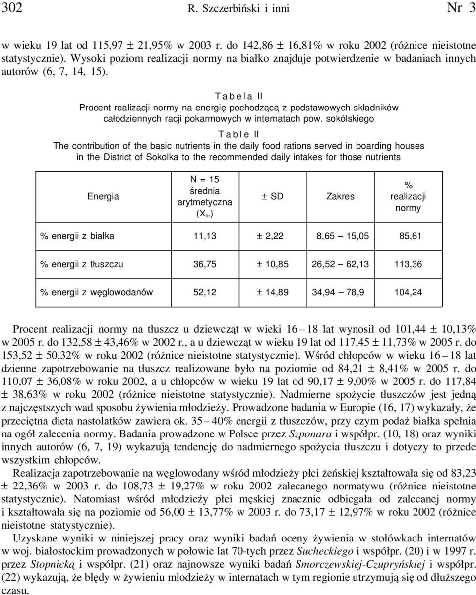 Tabela II Procent realizacji normy na energię pochodza ca z podstawowych składników całodziennych racji pokarmowych w internatach pow.