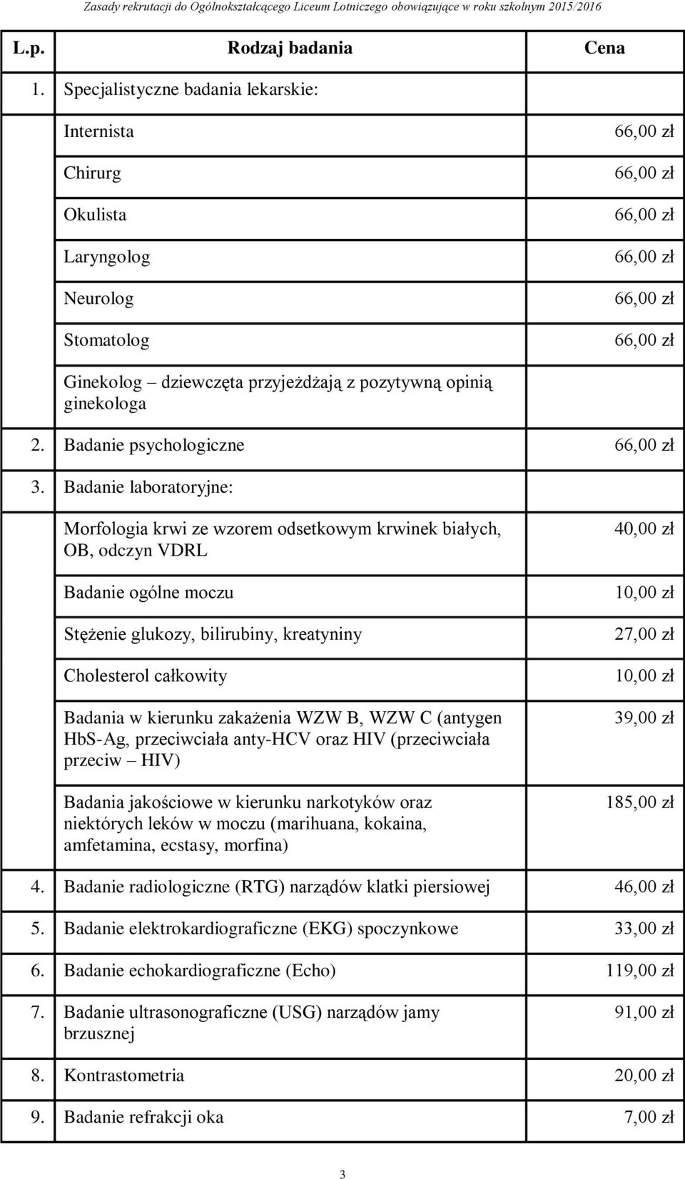 Badanie laboratoryjne: Morfologia krwi ze wzorem odsetkowym krwinek białych, OB, odczyn VDRL Badanie ogólne moczu Stężenie glukozy, bilirubiny, kreatyniny Cholesterol całkowity Badania w kierunku
