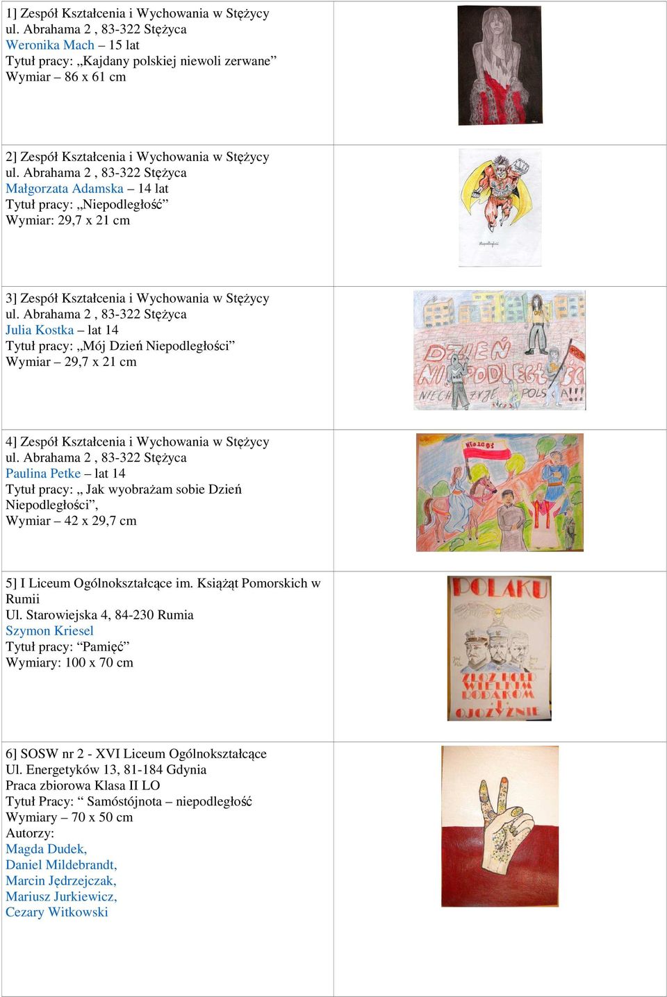 Abrahama 2, 83-322 Stężyca Małgorzata Adamska 14 lat Tytuł pracy: Niepodległość Wymiar: 29,7 x 21 cm 3] Zespół Kształcenia i Wychowania w Stężycy ul.