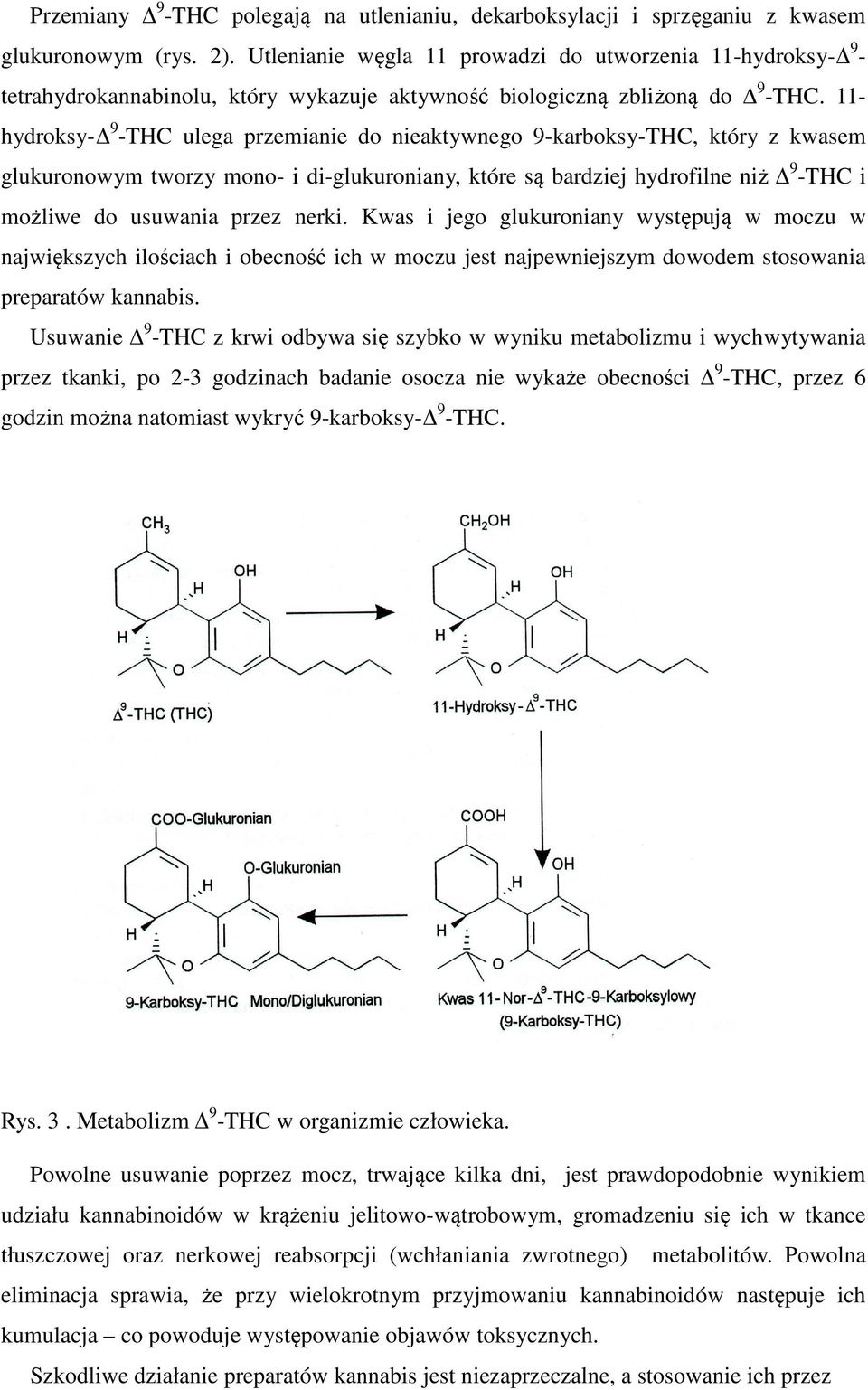 11- hydroksy- 9 -THC ulega przemianie do nieaktywnego 9-karboksy-THC, który z kwasem glukuronowym tworzy mono- i di-glukuroniany, które są bardziej hydrofilne niż 9 -THC i możliwe do usuwania przez