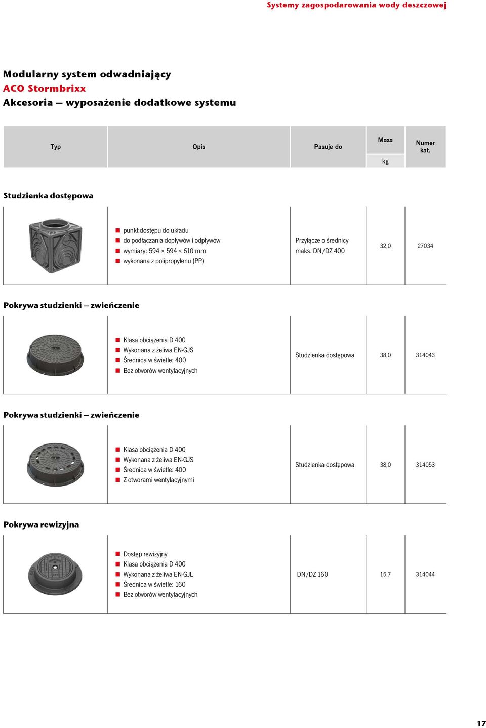 DN/DZ 400 32,0 27034 Pokrywa studzienki zwieńczenie n Klasa obciążenia D 400 n Wykonana z żeliwa EN-GJS n Średnica w świetle: 400 n Bez otworów wentylacyjnych Studzienka dostępowa 38,0 314043 Pokrywa