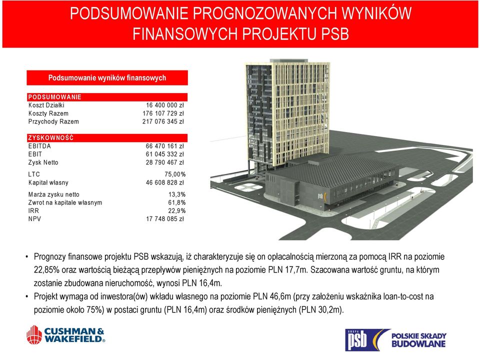 Prognozy finansowe projektu PSB wskazują, iż charakteryzuje się on opłacalnością mierzoną za pomocą IRR na poziomie 22,85% oraz wartością bieżącą przepływów pieniężnych na poziomie PLN 17,7m.