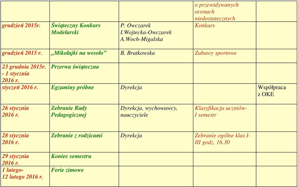 Bratkowska Zabawy sportowe 23 grudnia Przerwa świąteczna - 1 stycznia styczeń Egzaminy próbne Współpraca z OKE 26 stycznia