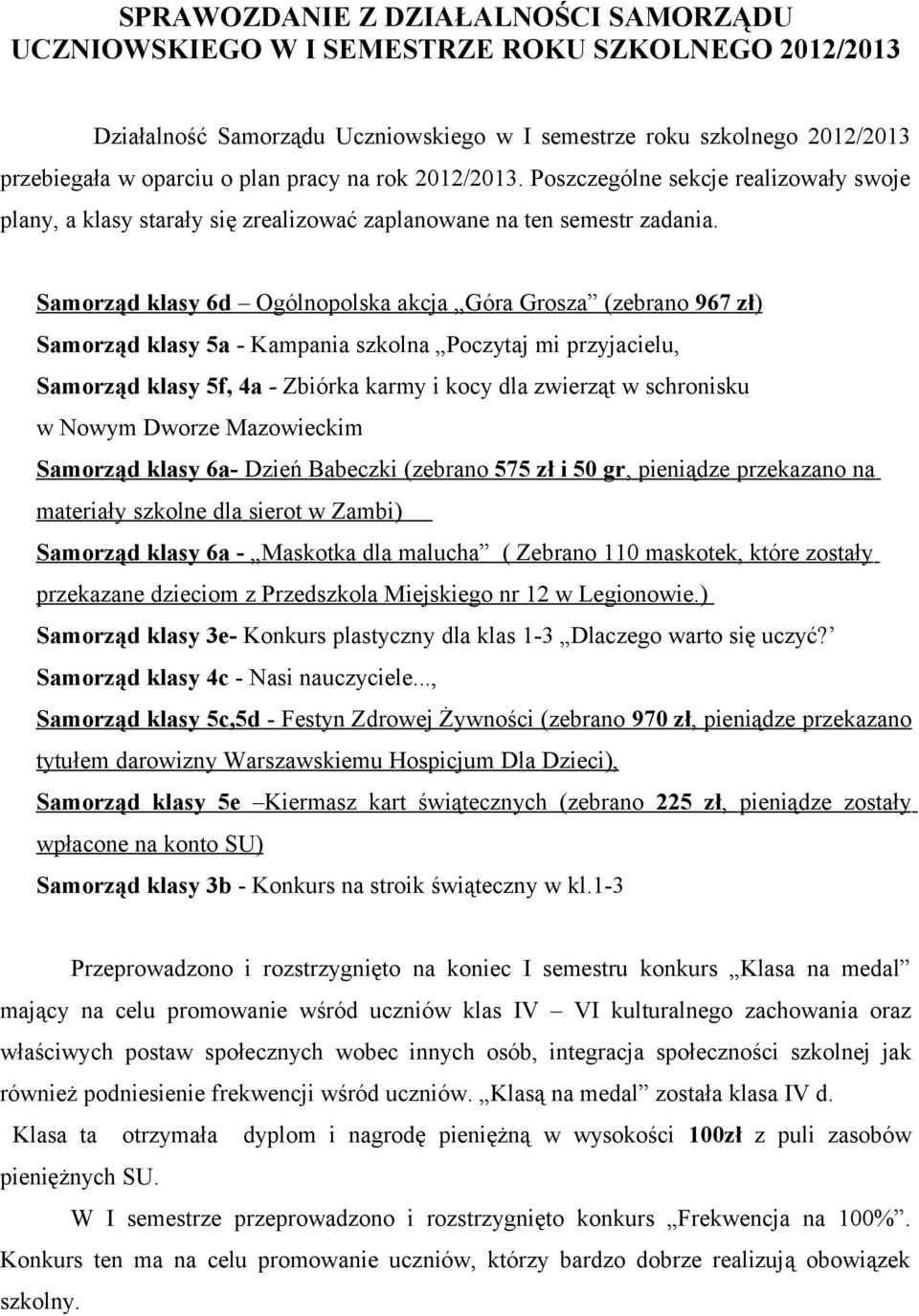 Samorząd klasy 6d Ogólnopolska akcja Góra Grosza (zebrano 967 zł) Samorząd klasy 5a - Kampania szkolna Poczytaj mi przyjacielu, Samorząd klasy 5f, 4a - Zbiórka karmy i kocy dla zwierząt w schronisku
