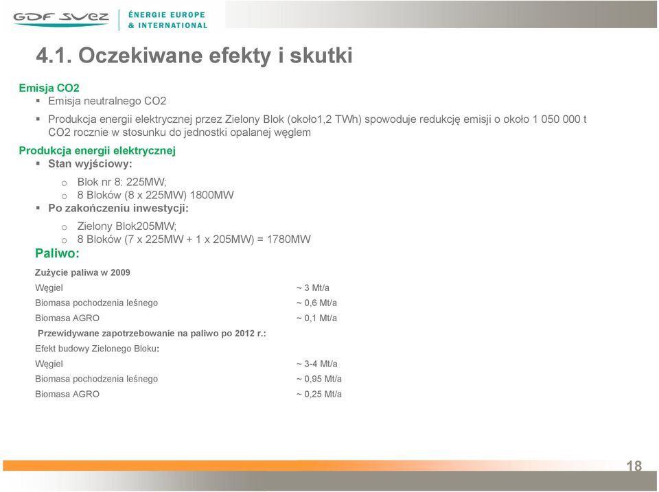 inwestycji: o Zielony Blok205MW; o 8 Bloków (7 x 225MW + 1 x 205MW) = 1780MW Paliwo: Zużycie paliwa w 2009 Węgiel Biomasa pochodzenia leśnego Biomasa AGRO Przewidywane