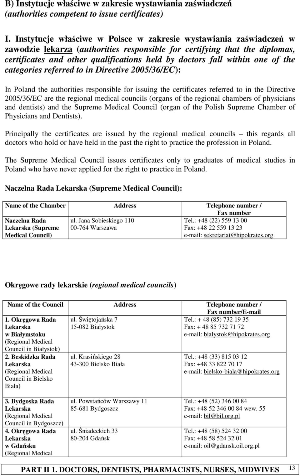 fall within one of the categories referred to in Directive 2005/36/EC): In Poland the authorities responsible for issuing the certificates referred to in the Directive 2005/36/EC are the regional