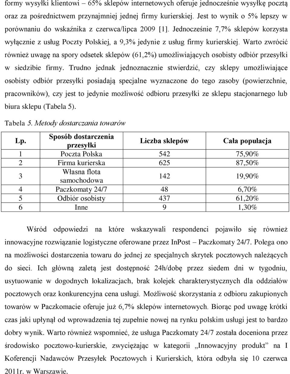 Warto zwrócić również uwagę na spory odsetek sklepów (61,2%) umożliwiających osobisty odbiór przesyłki w siedzibie firmy.