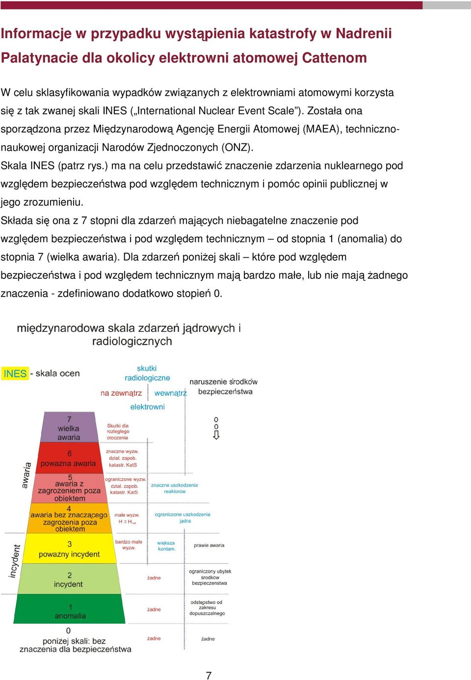 Skala INES (patrz rys.) ma na celu przedstawić znaczenie zdarzenia nuklearnego pod względem bezpieczeństwa pod względem technicznym i pomóc opinii publicznej w jego zrozumieniu.