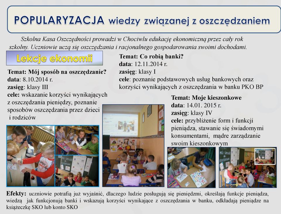 zasięg: klasy III cele: wskazanie korzyści wynikających z oszczędzania pieniędzy, poznanie sposobów oszczędzania przez dzieci i rodziców Temat: Co robią banki? data: 12.11.2014 r.