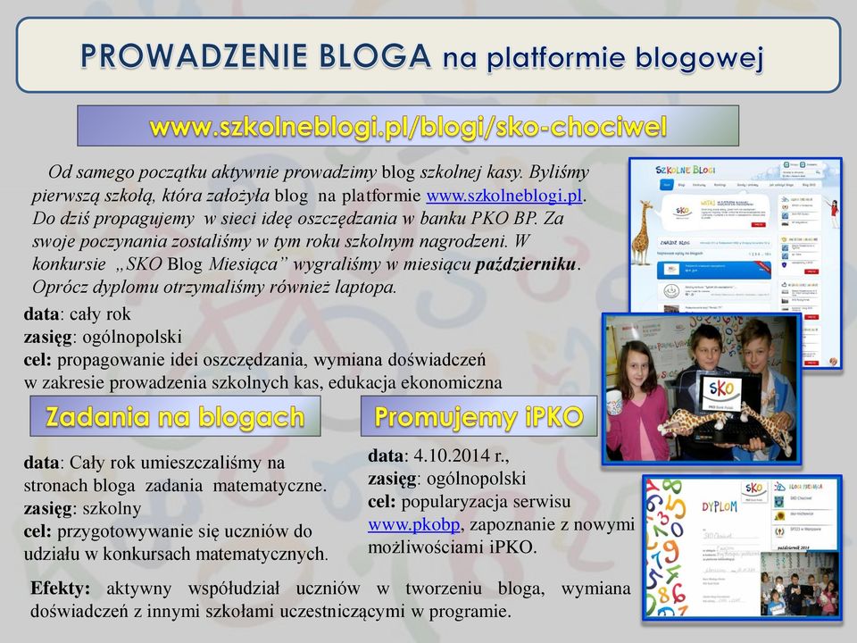 data: cały rok zasięg: ogólnopolski cel: propagowanie idei oszczędzania, wymiana doświadczeń w zakresie prowadzenia szkolnych kas, edukacja ekonomiczna data: Cały rok umieszczaliśmy na stronach bloga