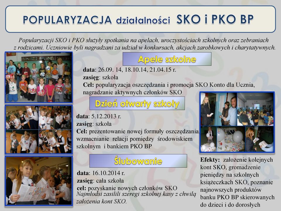 Cel: prezentowanie nowej formuły oszczędzania, wzmacnianie relacji pomiędzy środowiskiem szkolnym i bankiem PKO BP data: 16.10.2014 r.