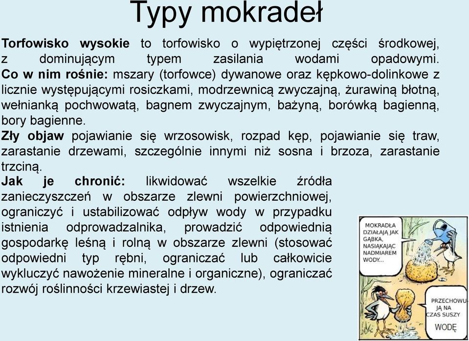 bagienną, bory bagienne. Zły objaw pojawianie się wrzosowisk, rozpad kęp, pojawianie się traw, zarastanie drzewami, szczególnie innymi niż sosna i brzoza, zarastanie trzciną.