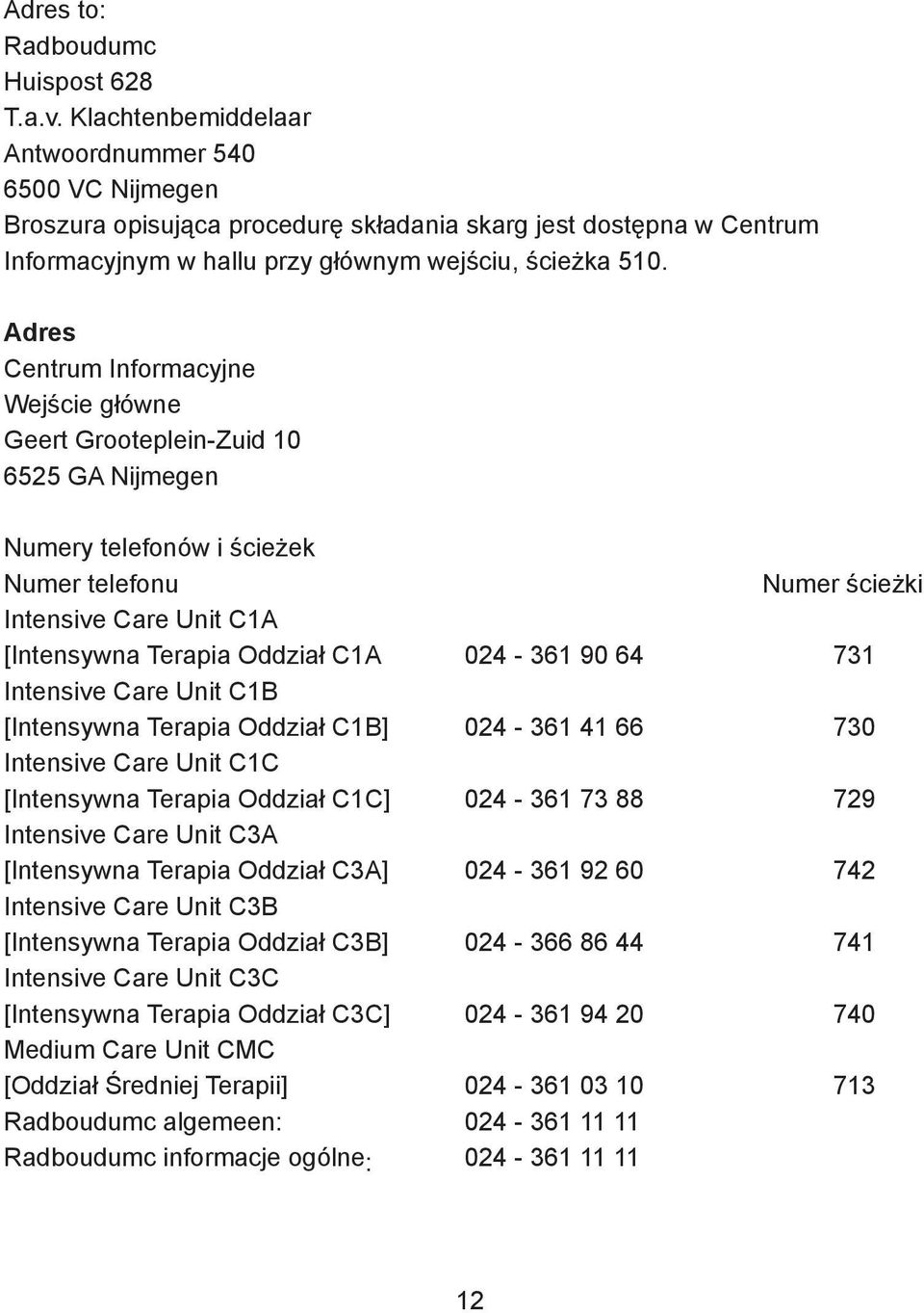 Adres Centrum Informacyjne Wejście główne Geert Grooteplein-Zuid 10 6525 GA Nijmegen Numery telefonów i ścieżek Numer telefonu Numer ścieżki Intensive Care Unit C1A [Intensywna Terapia Oddział C1A