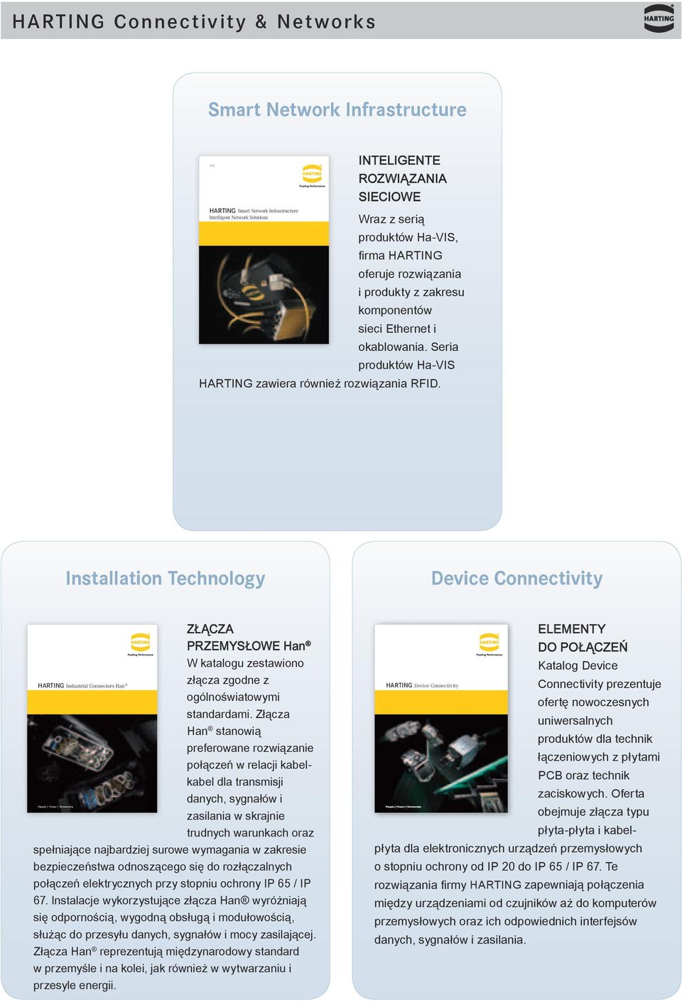 Installation Technology Device Connectivity ZŁĄCZA PRZEMYSŁOWE Han W katalogu zestawiono złącza zgodne z HARTING Industrial Connectors Han ogólnoświatowymi standardami.