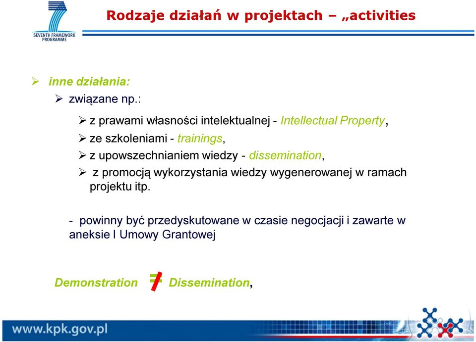 upowszechnianiem wiedzy - dissemination, z promocją wykorzystania wiedzy wygenerowanej w ramach