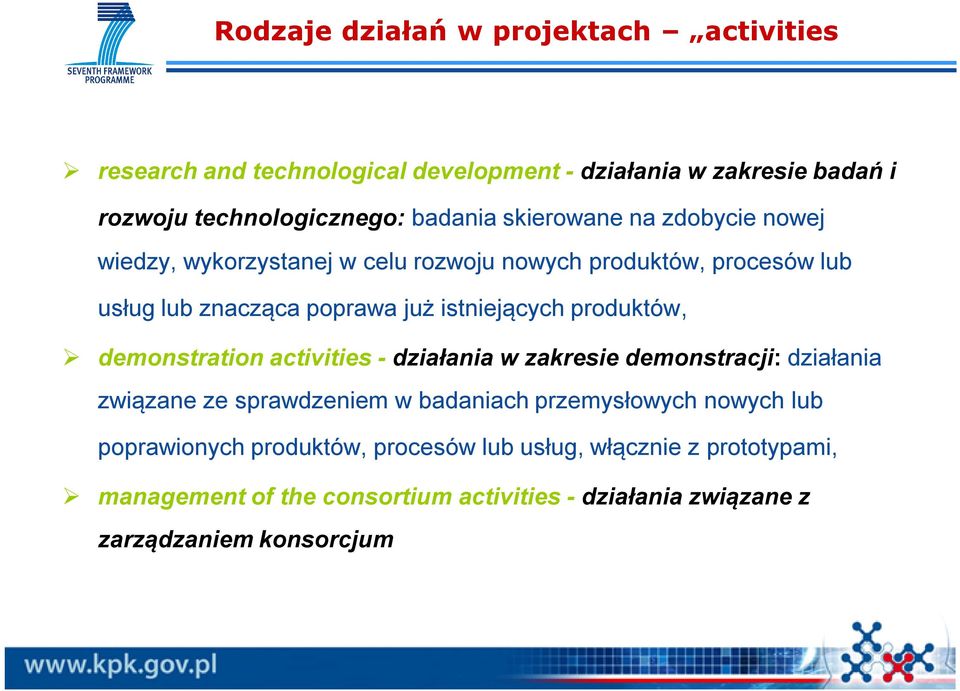 produktów, demonstration activities - działania w zakresie demonstracji: działania związane ze sprawdzeniem w badaniach przemysłowych nowych lub