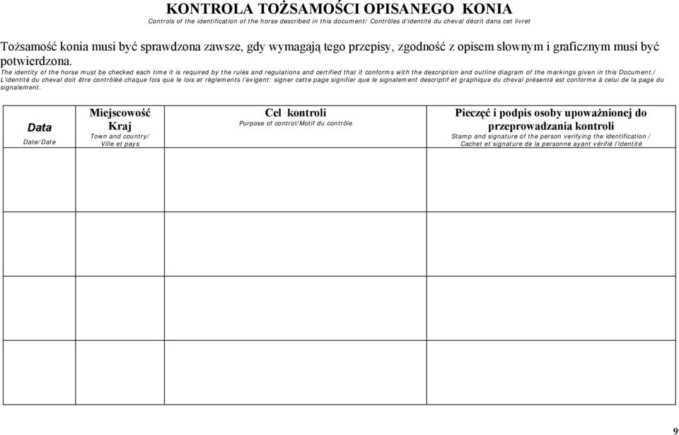 The identity of the horse must be checked each time it is required by the rules and regulations and certified that it conforms with the description and outline diagram of the markings given in this