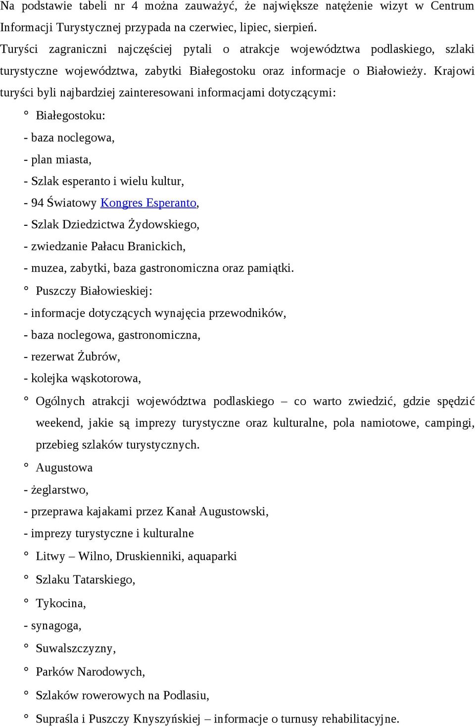 Krajowi turyści byli najbardziej zainteresowani informacjami dotyczącymi: Białegostoku: - baza noclegowa, - plan miasta, - Szlak esperanto i wielu kultur, - 94 Światowy Kongres Esperanto, - Szlak