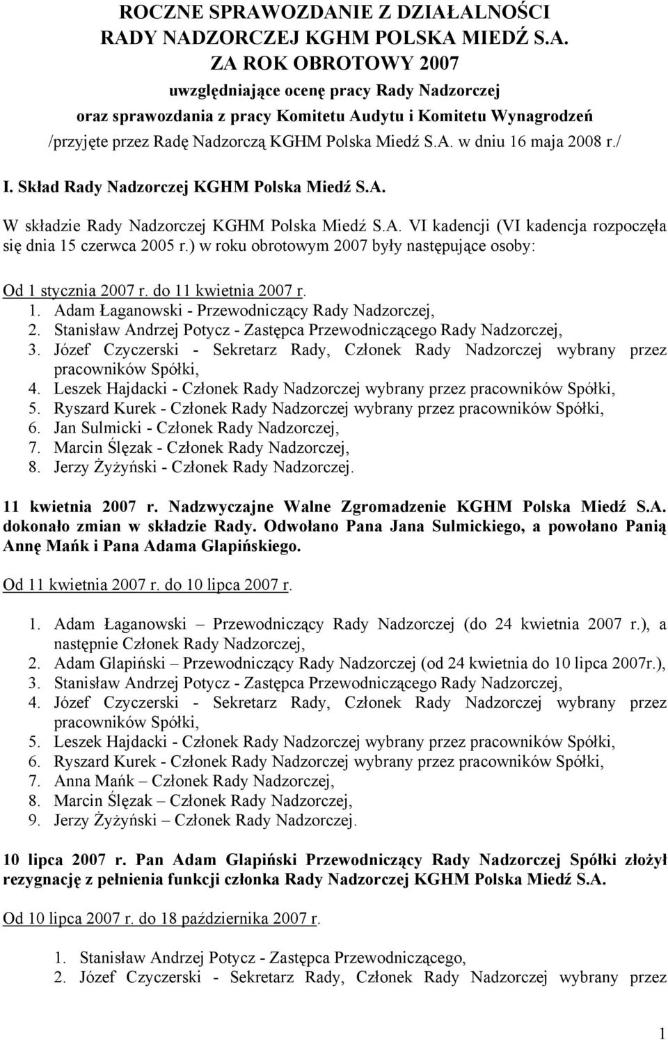 ) w roku obrotowym 2007 były następujące osoby: Od 1 stycznia 2007 r. do 11 kwietnia 2007 r. 1. Adam Łaganowski - Przewodniczący Rady Nadzorczej, 2.