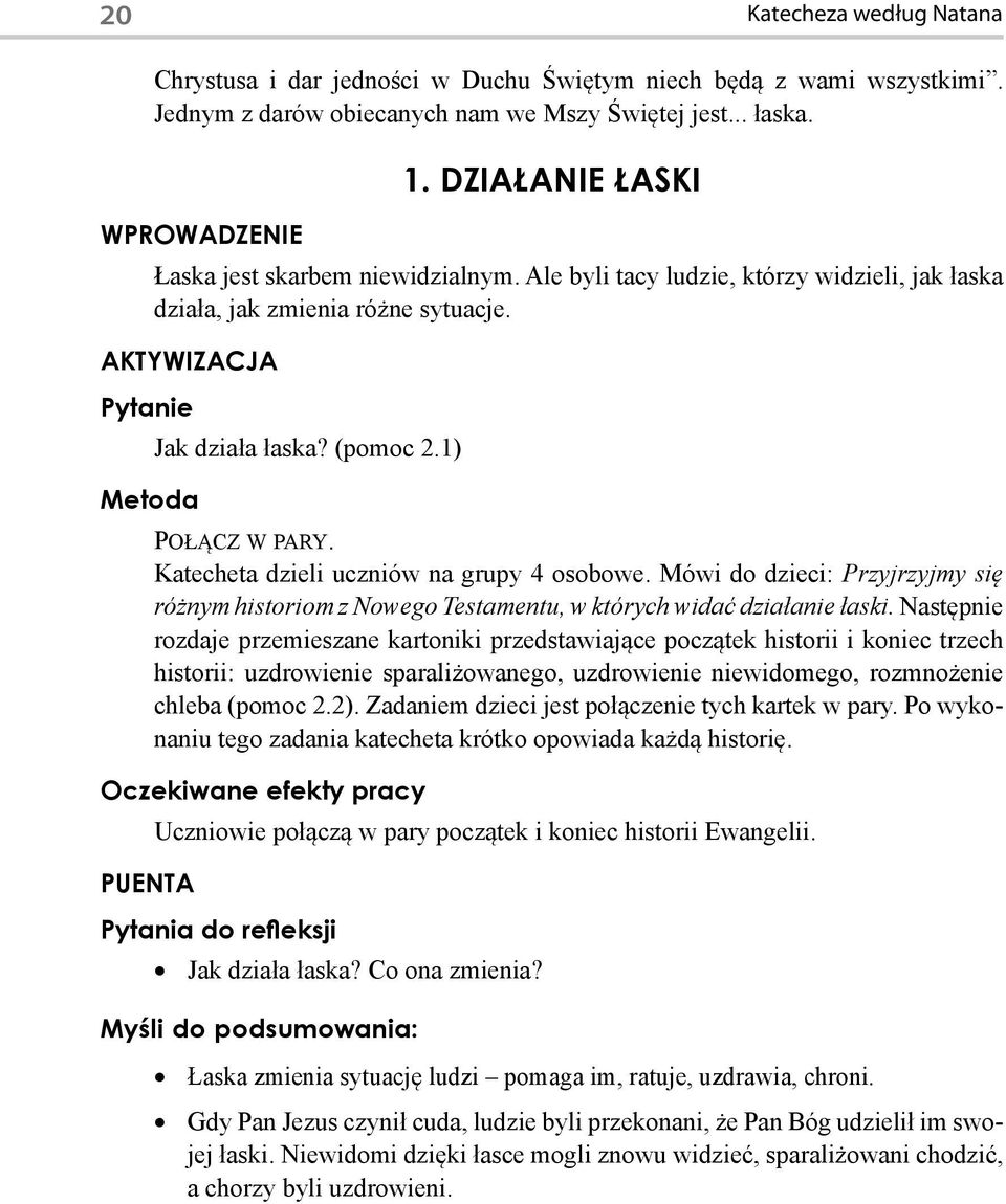 1) Metoda PoŁĄcz w Pary. Katecheta dzieli uczniów na grupy 4 osobowe. Mówi do dzieci: Przyjrzyjmy się różnym historiom z Nowego Testamentu, w których widać działanie łaski.