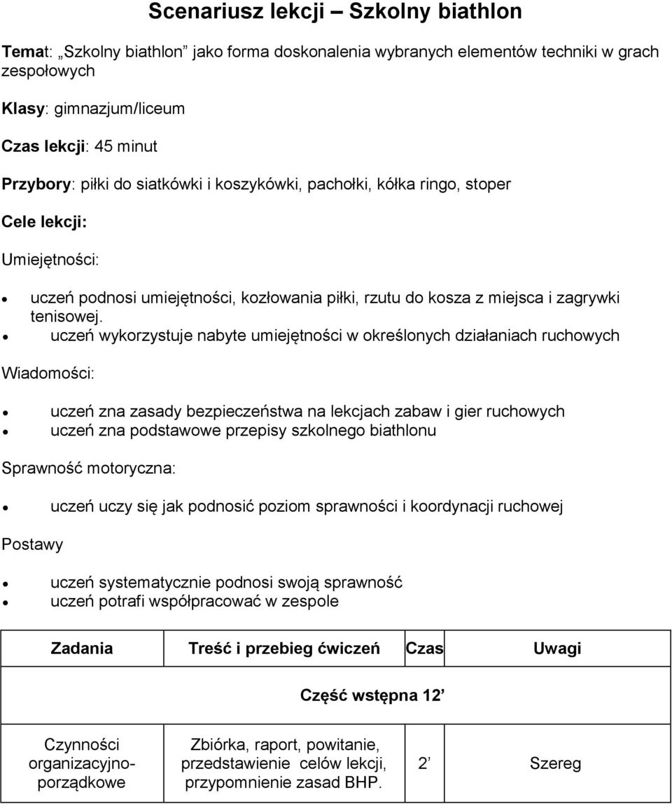 uczeń wykorzystuje nabyte umiejętności w określonych działaniach ruchowych Wiadomości: uczeń zna zasady bezpieczeństwa na lekcjach zabaw i gier ruchowych uczeń zna podstawowe przepisy szkolnego