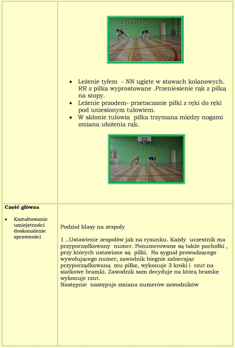 Część główna Kształtowanie umiejętności doskonalenie sprawności Podział klasy na zespoły 1..Ustawienie zespołów jak na rysunku. Każdy uczestnik ma przyporządkowany numer.