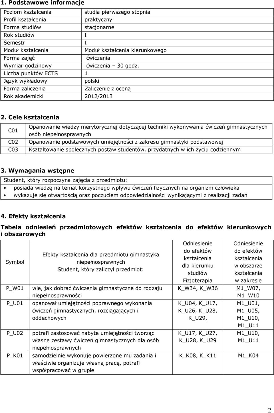 Cele C01 C0 C03 Opanowanie wiedzy merytorycznej dotyczącej techniki wykonywania ćwiczeń gimnastycznych osób Opanowanie podstawowych z zakresu gimnastyki podstawowej Kształtowanie społecznych postaw