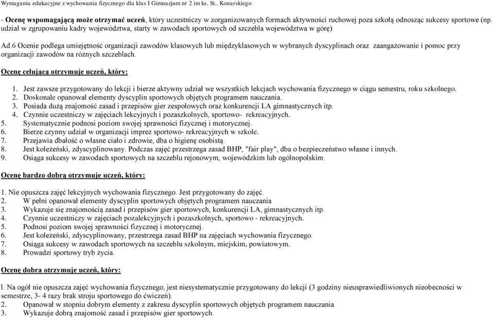 6 Ocenie podlega umiejętność organizacji zawodów klasowych lub międzyklasowych w wybranych dyscyplinach oraz zaangażowanie i pomoc przy organizacji zawodów na różnych szczeblach.