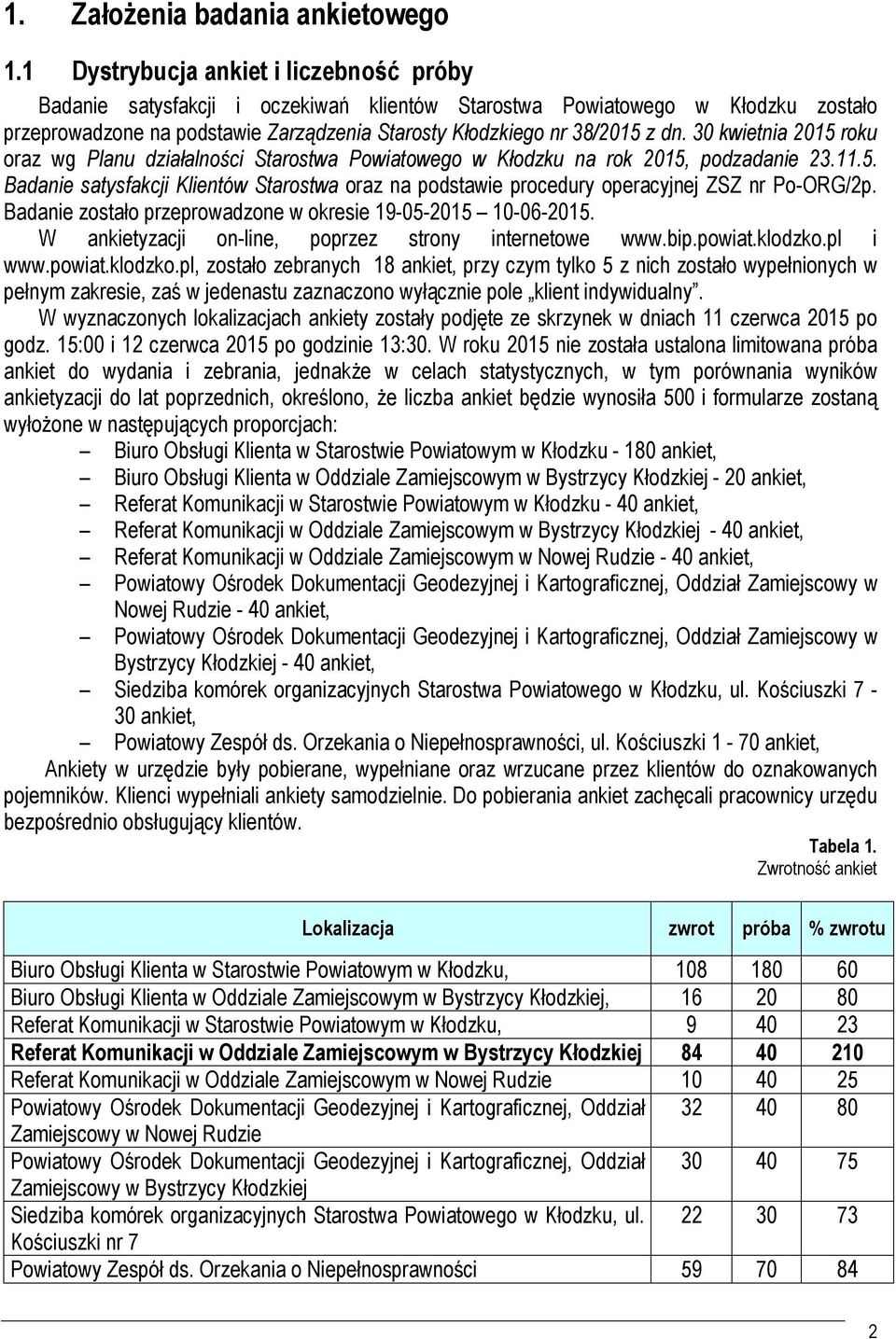 30 kwietnia 2015 roku oraz wg Planu działalności Starostwa Powiatowego w Kłodzku na rok 2015, podzadanie 23.11.5. Badanie satysfakcji Klientów Starostwa oraz na podstawie procedury operacyjnej ZSZ nr Po-ORG/2p.