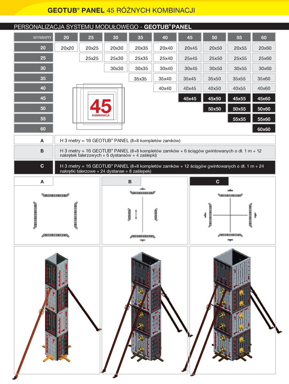 50x50 45x55 50x55 55x55 45x60 50x60 55x60 60 60x60 A H 3 metry = 16 GEOTUB PANEL (8+8 kompletów zamków) B C H 3 metry = 16 GEOTUB PANEL (8+8 kompletów zamków + 6 ściągów gwintowanych o dł.