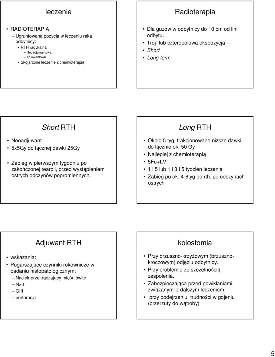 popromiennych. Long RTH Około 5 tyg, frakcjonowane niższe dawki do łącznie ok. 50 Gy Najlepiej z chemioterapią 5Fu+LV 1 i 5 lub 1 i 3 i 5 tydzien leczenia Zabieg po ok.