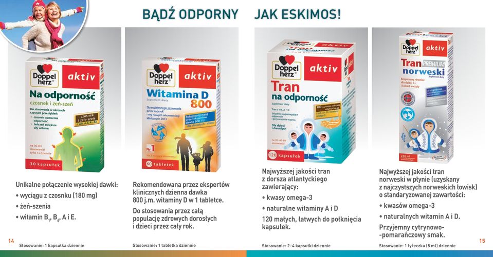 Stosowanie: 1 tabletka dziennie Najwyższej jakości tran z dorsza atlantyckiego zawierający: kwasy omega-3 naturalne witaminy A i D 120 małych, łatwych do połknięcia kapsułek.