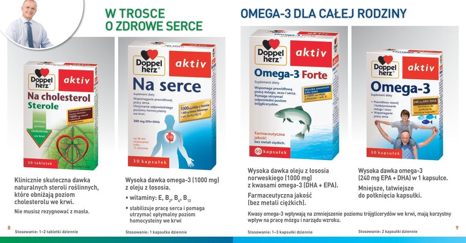 witaminy: E, B 2, B 6, B 12 stabilizuje pracę serca i pomaga utrzymać optymalny poziom homocysteiny we krwi Wysoka dawka oleju z łososia norweskiego (1000 mg) z kwasami omega-3 (DHA + EPA).