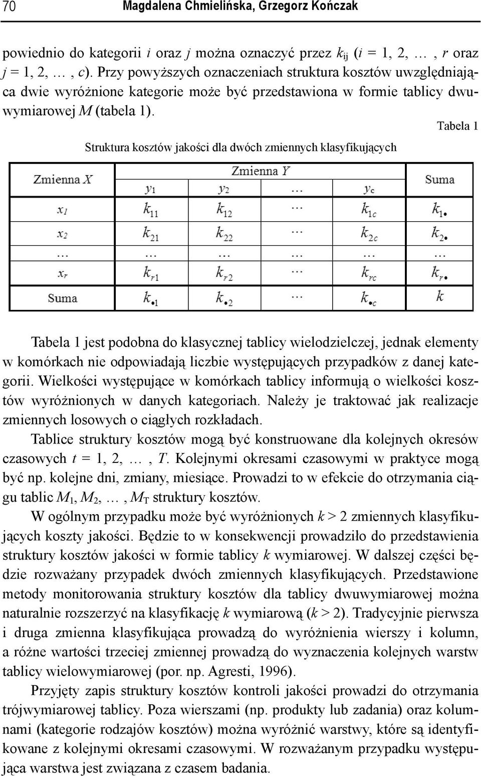 Tabela Struktura kosztów jakości dla dwóch zmiennych klasyfikujących Tabela jest podobna do klasycznej tablicy wielodzielczej, jednak elementy w komórkach nie odpowiadają liczbie występujących