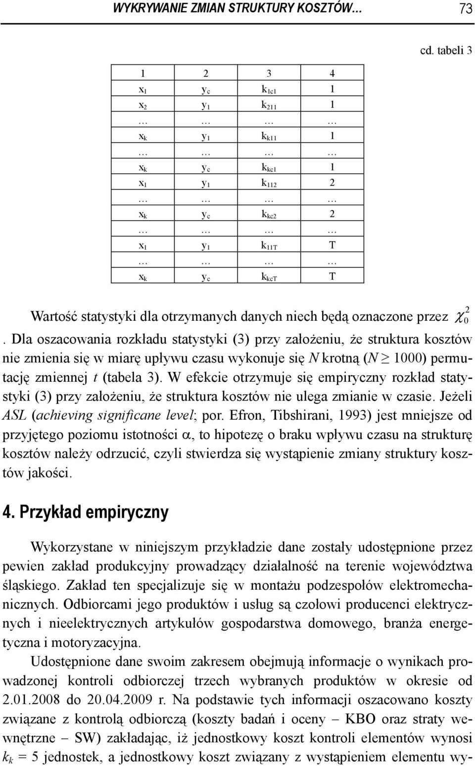 Dla oszacowania rozkładu statystyki (3) przy założeniu, że struktura kosztów nie zmienia się w miarę upływu czasu wykonuje się N krotną (N 000) permutację zmiennej t (tabela 3).