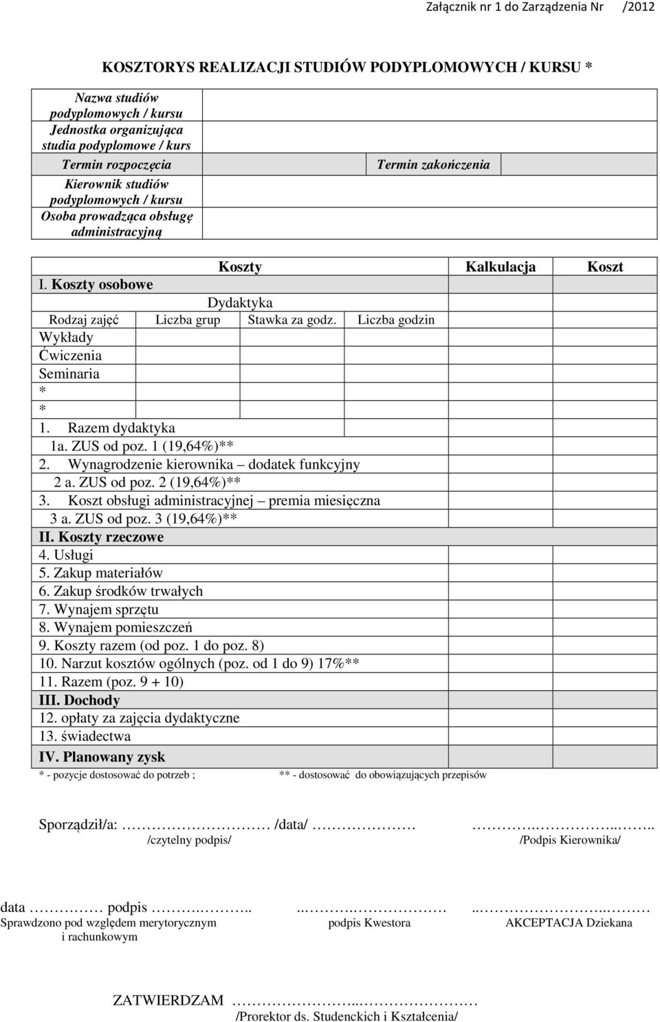 Liczba godzin Wykłady Ćwiczenia Seminaria * * 1. Razem dydaktyka 1a. ZUS od poz. 1 (19,64%)** 2. Wynagrodzenie kierownika dodatek funkcyjny 2 a. ZUS od poz. 2 (19,64%)** 3.