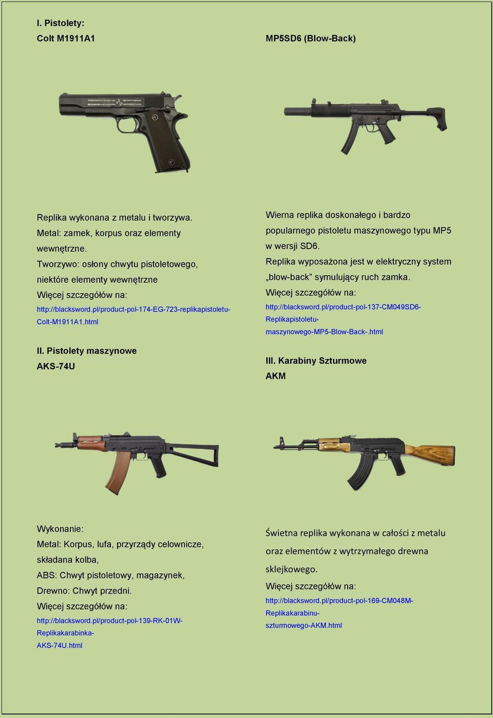 Pistolety maszynowe AKS-74U Świetna replika wykonana w całości z metalu oraz elementów z wytrzymałego drewna sklejkowego.