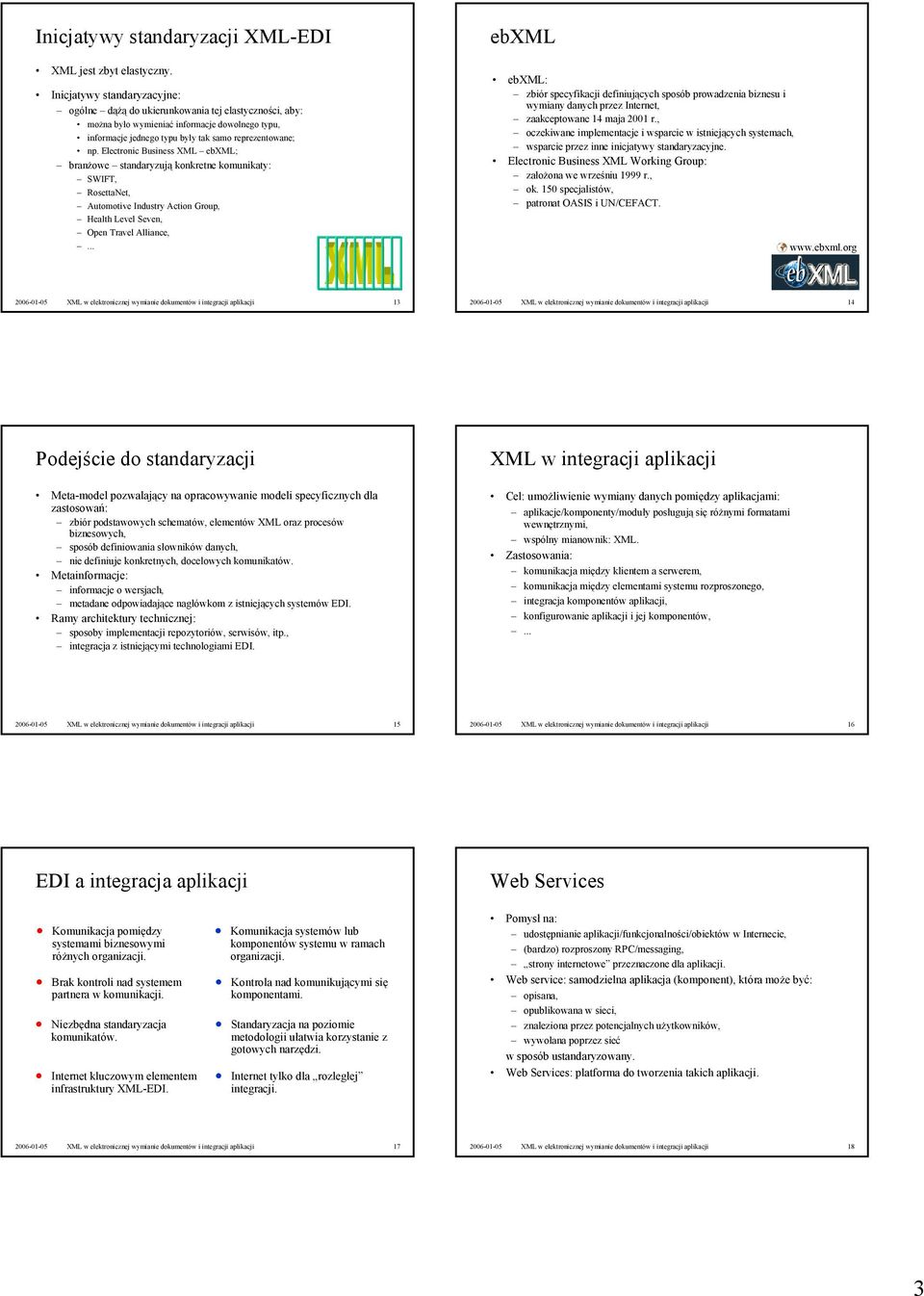 Electronic Business XML ebxml; branżowe standaryzują konkretne komunikaty: SWIFT, RosettaNet, Automotive Industry Action Group, Health Level Seven, Open Travel Alliance, ebxml ebxml: zbiór