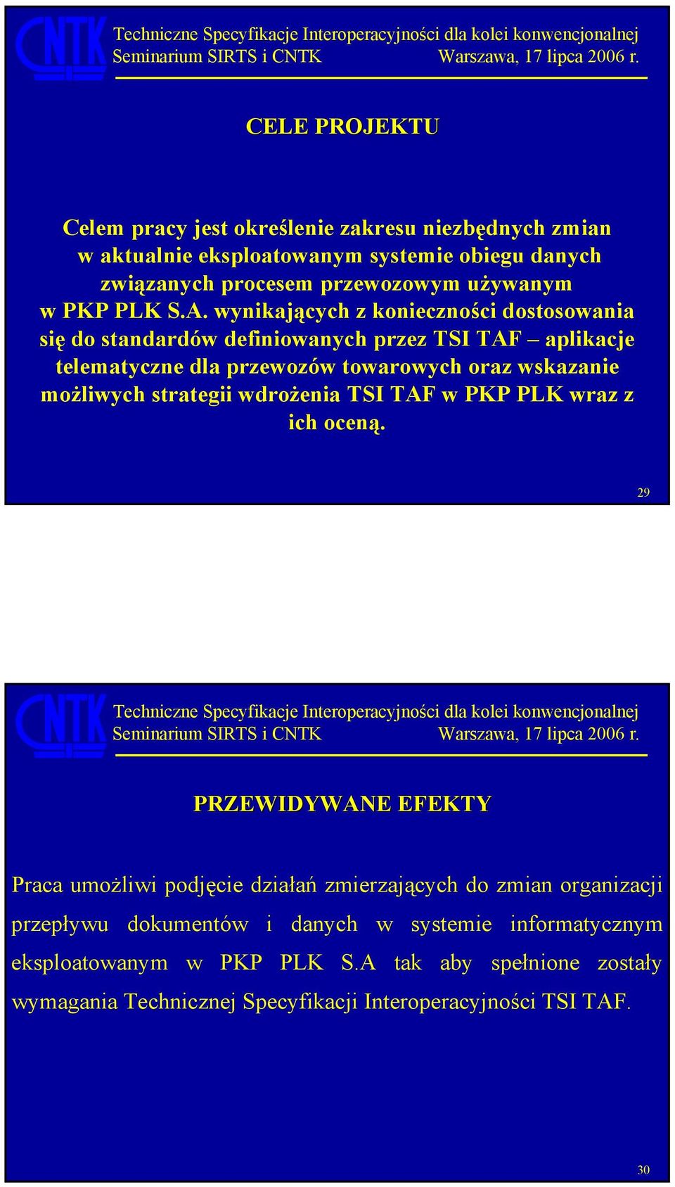 wynikających z konieczności dostosowania się do standardów definiowanych przez TSI TAF aplikacje telematyczne dla przewozów towarowych oraz wskazanie możliwych