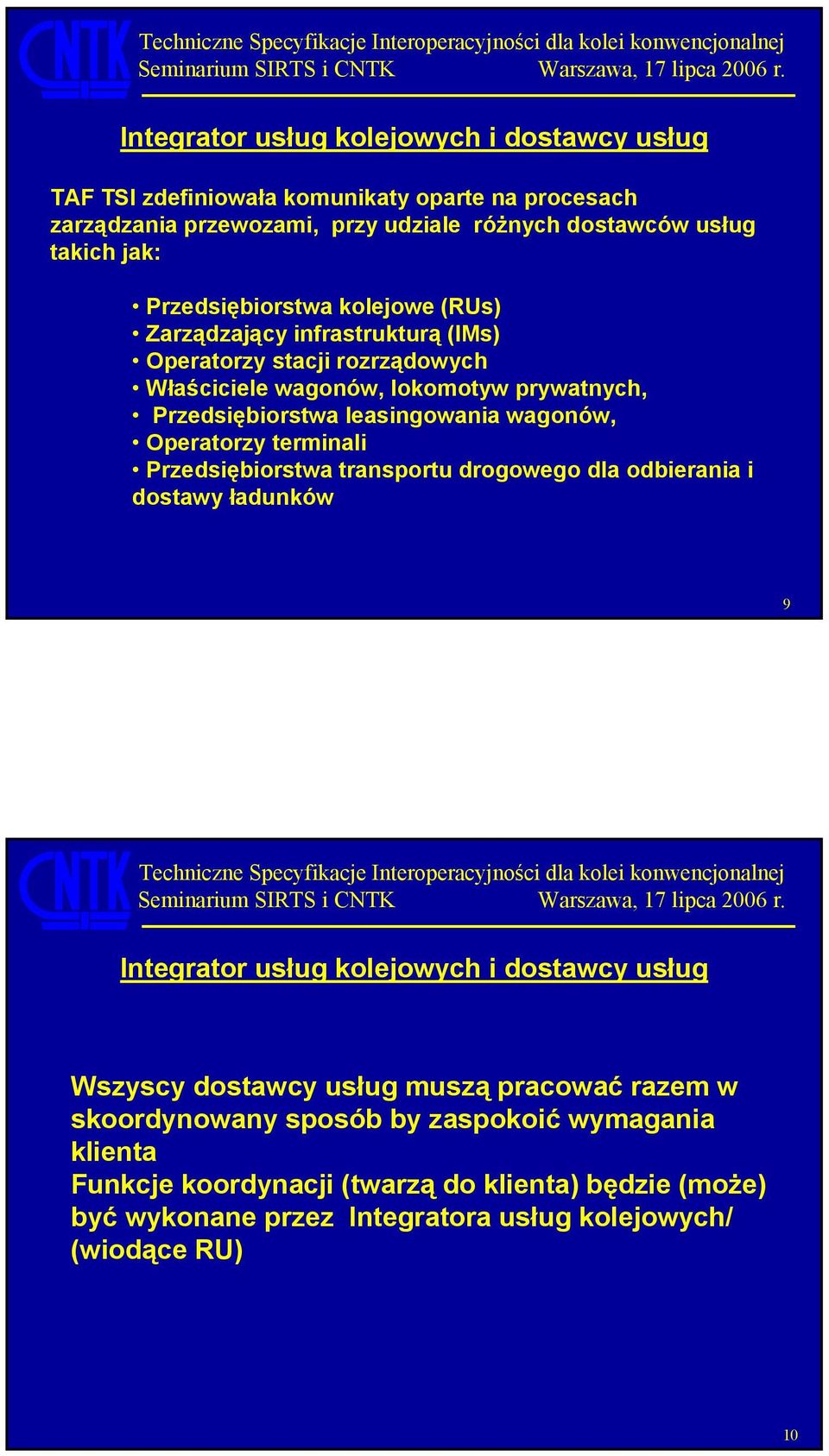 wagonów, Operatorzy terminali Przedsiębiorstwa transportu drogowego dla odbierania i dostawy ładunków 9 Integrator usług kolejowych i dostawcy usług Wszyscy dostawcy usług