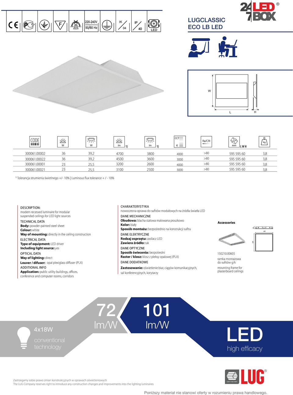 directly in the ceiling construction Way of lighting: direct Louver / difuser: opal plexiglass diffuser (PLX) Application: public utility buildings, offices, conference and computer rooms, corridors